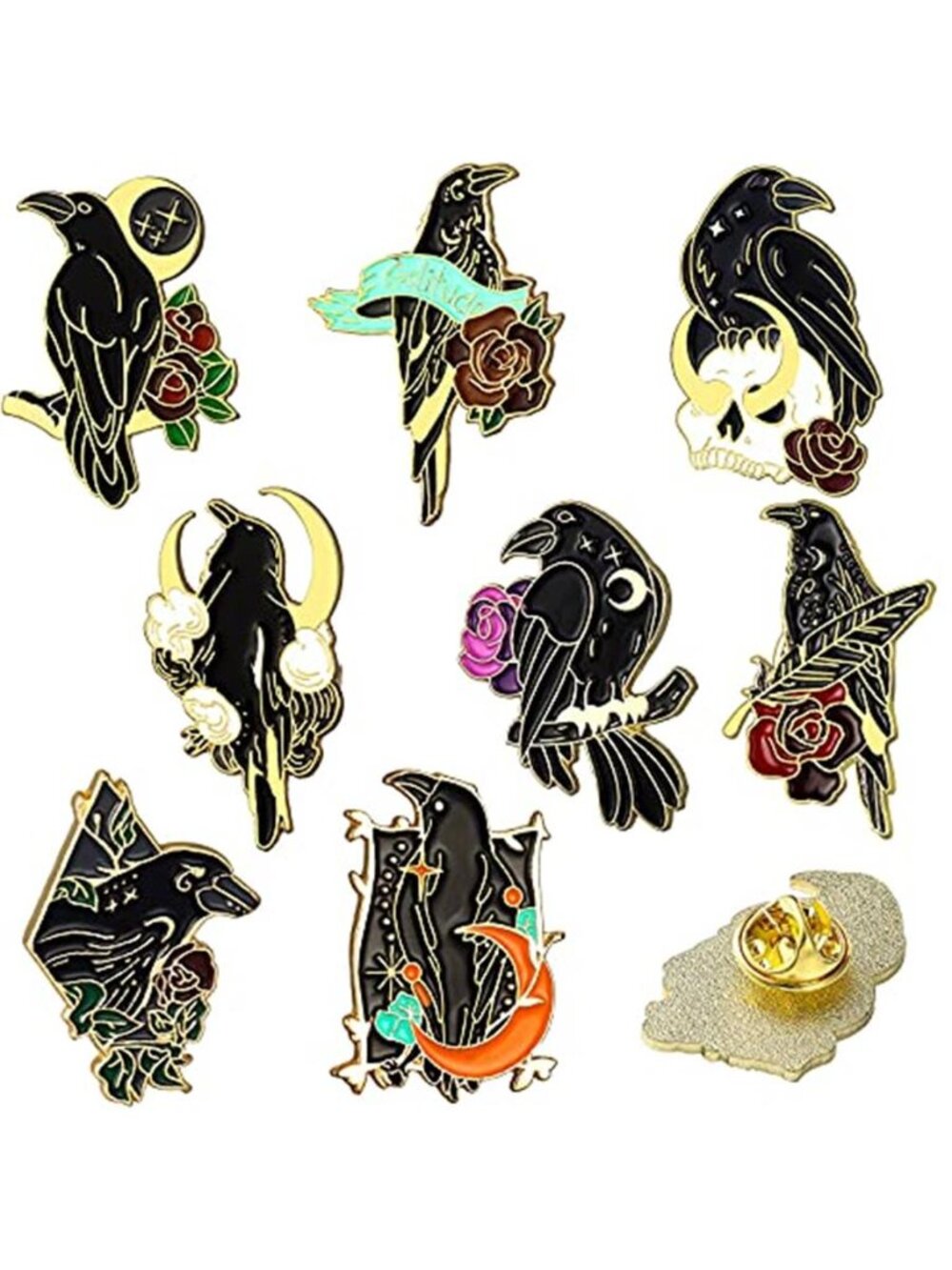8 Pieces Crow Enamel Pins Set, Gothic Rose Moon Lapel Pins for Women